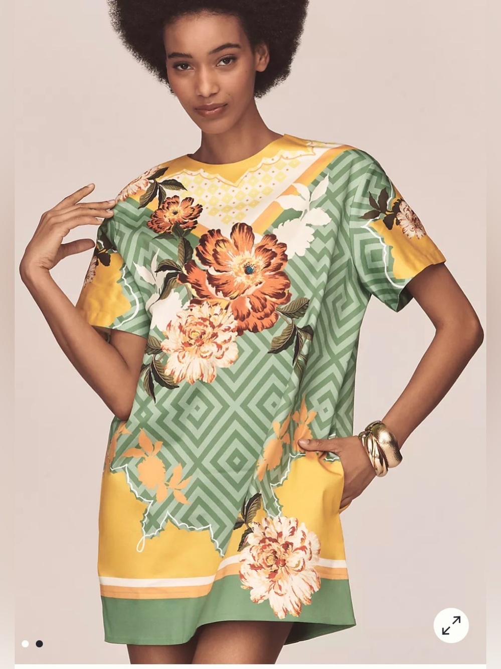 By Anthropologie Floral T-Shirt Dress XS Green Yellow NWOT Pockets